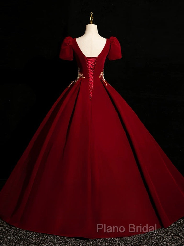 A-Line Short Sleeve Satin Lace Applique Burgundy Long Formal Prom Dresses