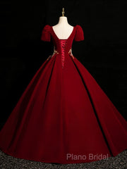 A-Line Short Sleeve Satin Lace Applique Burgundy Long Formal Prom Dresses