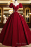 A-Line Short Sleeve Satin Lace Applique Burgundy Long Formal Prom Dresses