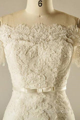 A-Line Short Sleeve Waist Lace Wedding Dresses With Appliques Beading