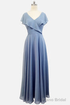 A-line Short Sleeves Chiffon V-neck Ruffles Floor-Length Bridesmaid Dress