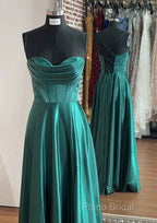 A-Line Silk Like Emerald Green Satin Formal Prom Dresses Ruched Pleated