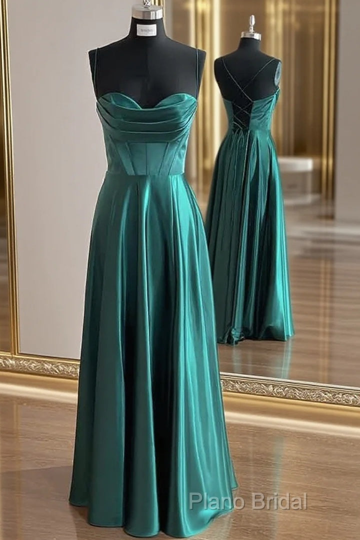 A-Line Silk Like Emerald Green Satin Formal Prom Dresses Ruched Pleated Main image