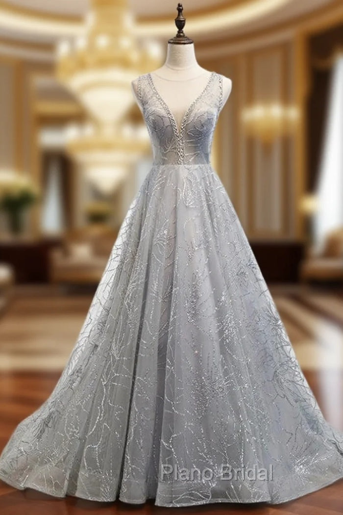 A-Line Silver Gray Tulle Sequins See Through V-neck Backless Formal Prom Dresses Main image