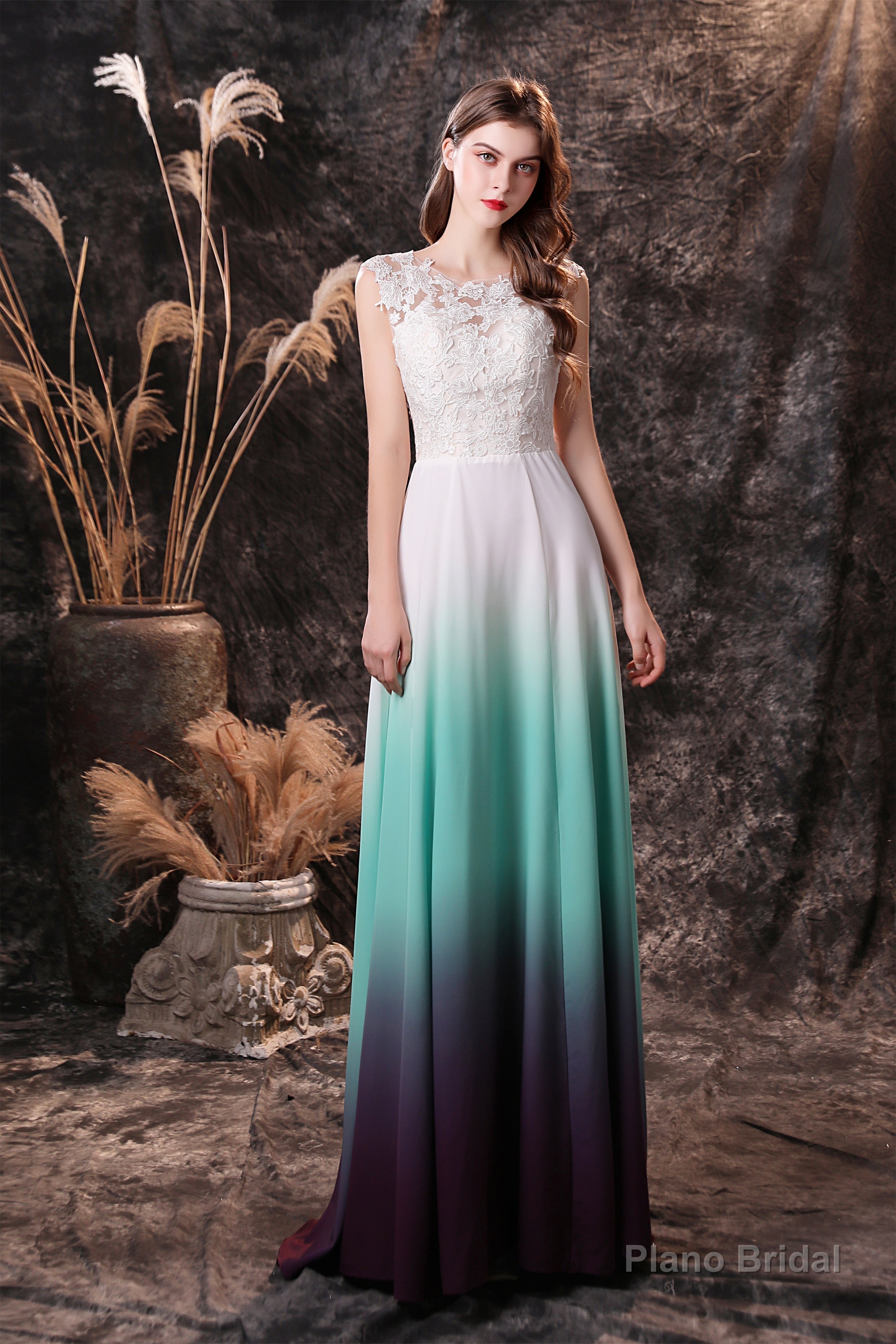 A Line Sleeveless Appliques Ombre Silk Like Satin Floor Length Prom Dresses Main image
