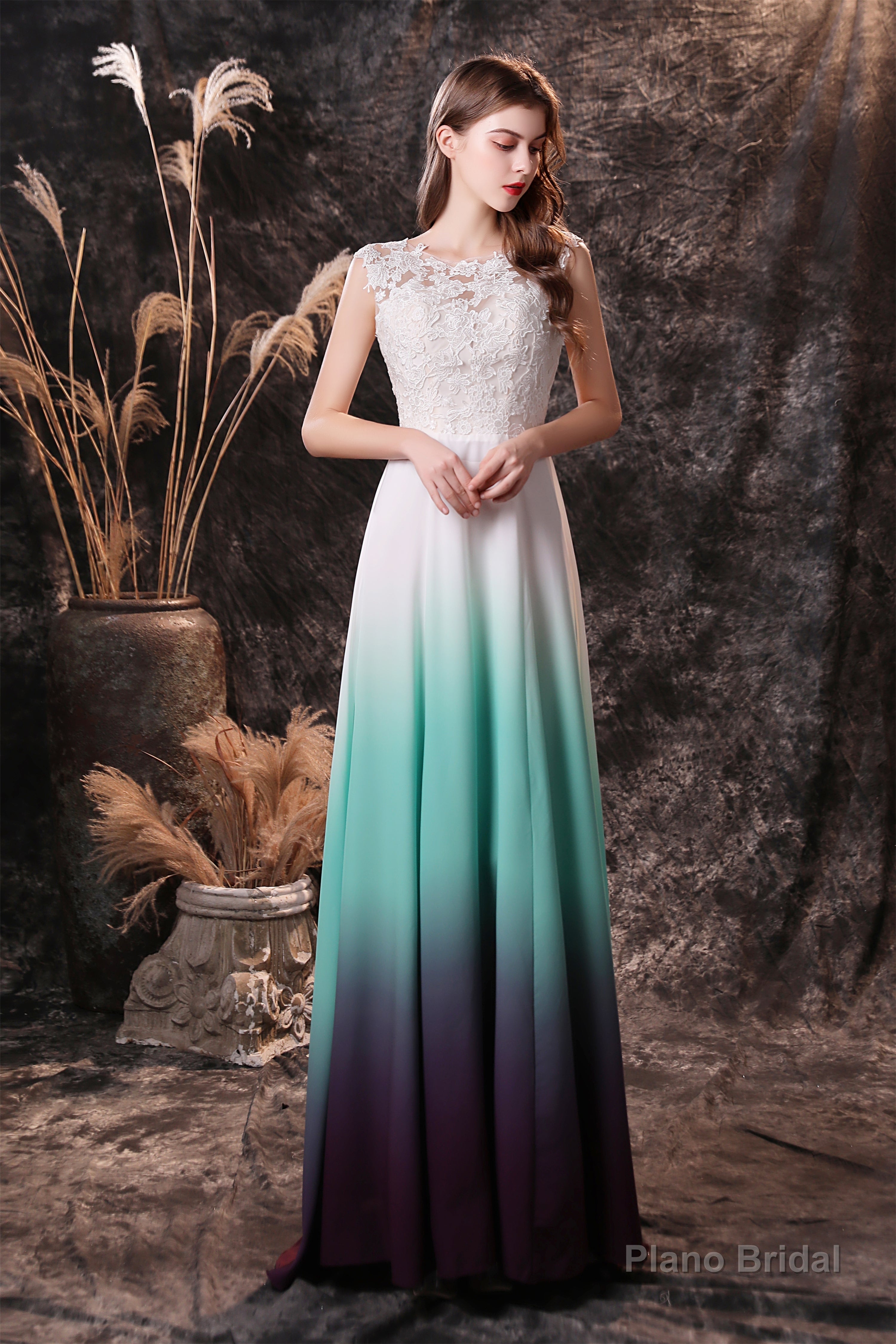 A Line Sleeveless Appliques Ombre Silk Like Satin Floor Length Prom Dresses Secondary image