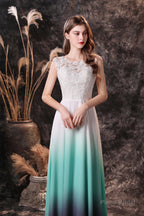 A Line Sleeveless Appliques Ombre Silk Like Satin Floor Length Prom Dresses