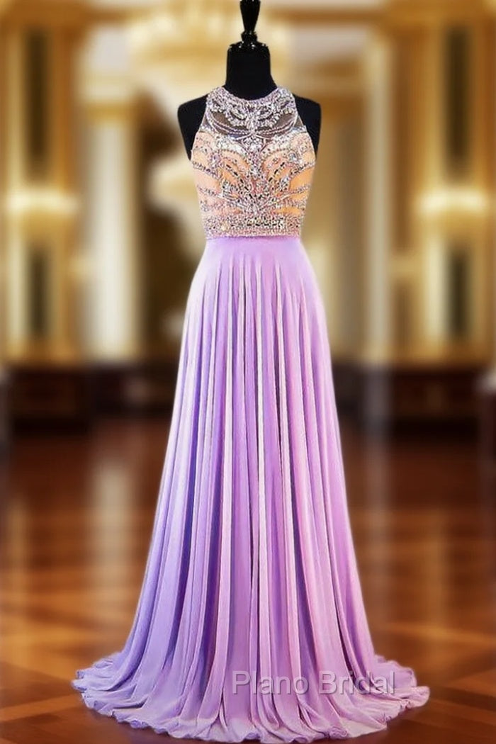 A-line Sleeveless Beaded Crystals Backless Lilac Chiffon Formal Prom Dresses Main image