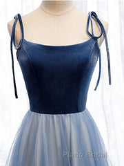 A Line Sleeveless Floor Length Blue Formal Prom Dresses, Blue Long Formal Bridesmaid Evening Dresses