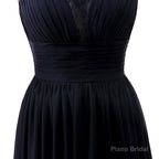 A Line Sleeveless Lace Chiffon Long Black Prom Dresses