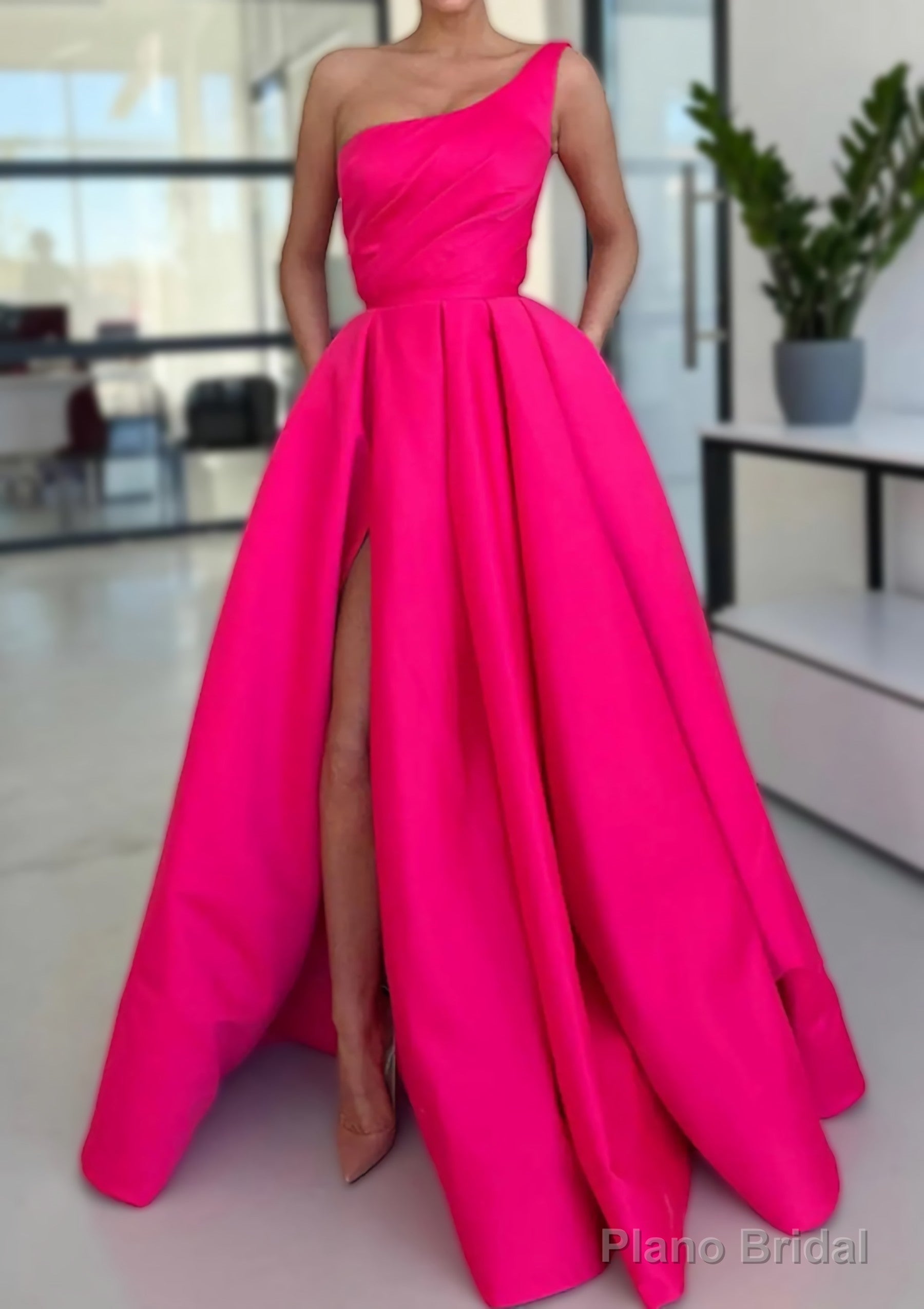 A-line Sleeveless One-Shoulder Long/Floor-Length Satin Prom Dresses With Split Ruffles Pockets
