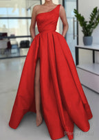 A-line Sleeveless One-Shoulder Long/Floor-Length Satin Prom Dresses With Split Ruffles Pockets