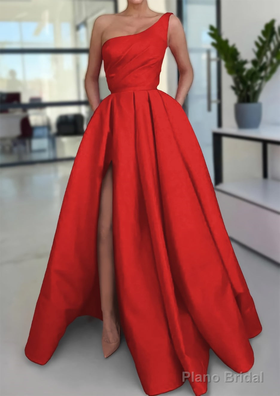 A-line Sleeveless One-Shoulder Long/Floor-Length Satin Prom Dresses With Split Ruffles Pockets