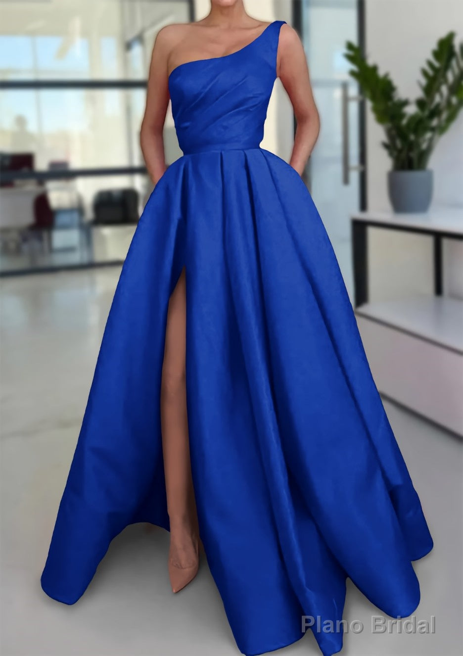 A-line Sleeveless One-Shoulder Long/Floor-Length Satin Prom Dresses With Split Ruffles Pockets