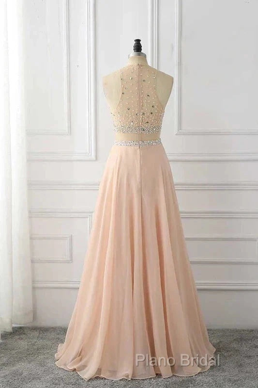 A Line Sleeveless Rhinestone Chiffon Long Formal Prom Dresses Floor Length Sparkly