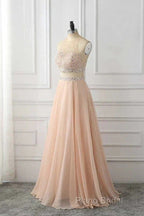 A Line Sleeveless Rhinestone Chiffon Long Formal Prom Dresses Floor Length Sparkly