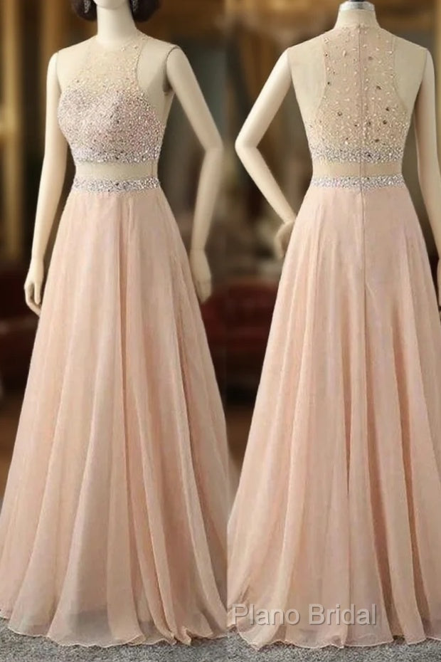 A Line Sleeveless Rhinestone Chiffon Long Formal Prom Dresses Floor Length Sparkly Main image
