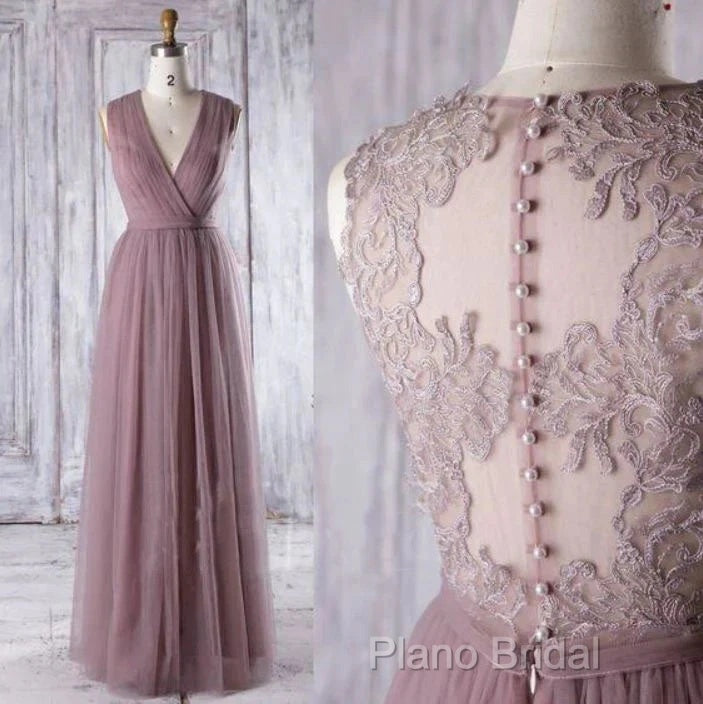 A-Line Sleeveless Tulle Sheath V Neck Tulle Lace Bridesmaid Dresses Secondary image