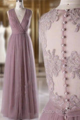 A-Line Sleeveless Tulle Sheath V Neck Tulle Lace Bridesmaid Dresses