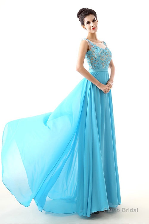 A-line Sleeves Chiffon Lace Backless Long Prom Dresses Secondary image