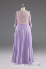 Lilac A-Line 3/4 Sleeves Scoop Lace Formal Prom Dresses
