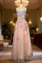 A Line Spaghetti Corset Formal Prom Dresses With 3D Flowers Evening Dresses