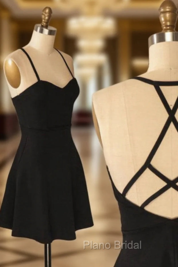 A-Line Spaghetti Criss-Cross Straps Satin Black Homecoming Dresses With Pleats