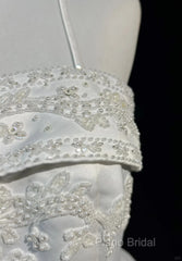 A-Line Spaghetti Strap Beaded Satin Long Formal Prom Dresses White Wedding Dresses Graduation Formal Prom Dresses