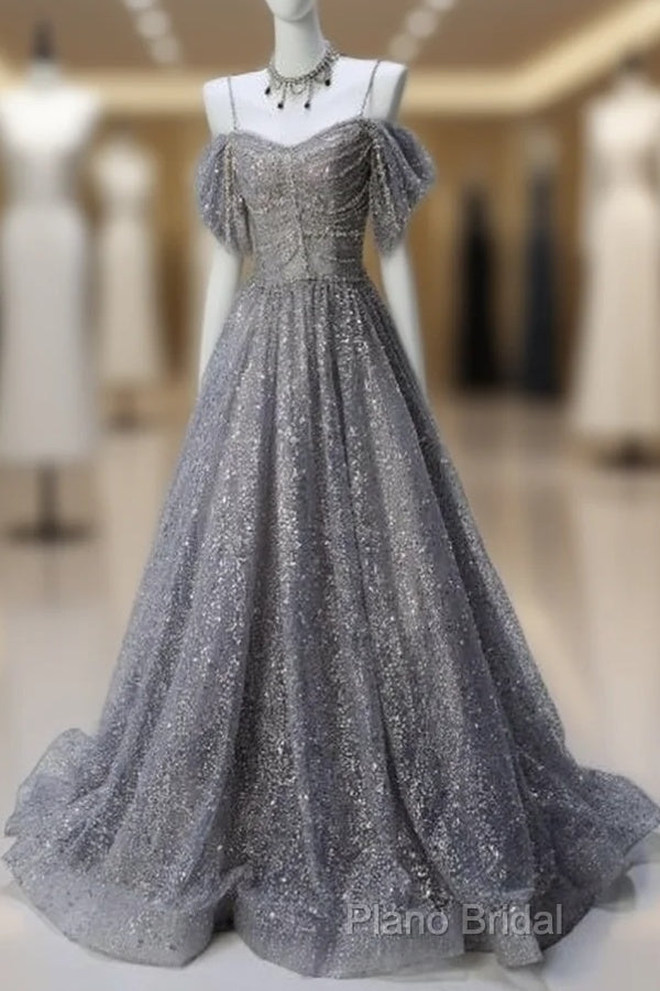 A-Line Spaghetti Strap Mesh Sequin Long Formal Prom Dresses Graduation Formal Prom Adult Ceremony Dresses Main image