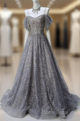 A-Line Spaghetti Strap Mesh Sequin Long Formal Prom Dresses Graduation Formal Prom Adult Ceremony Dresses