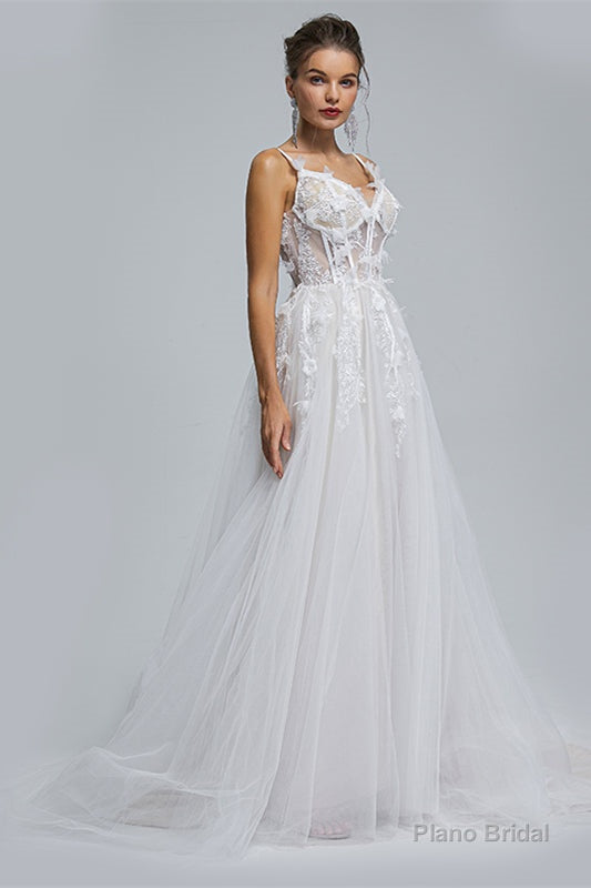A-Line Spaghetti Strap Sweetheart Tulle Applique Floor-Length Sleeveless Wedding Dresses Secondary image