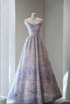 A-Line Spaghetti Strap Tulle Applique Long Formal Prom Dresses Adult Ceremony Birthday Dresses