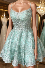 A-Line Spaghetti Straps Backless Mint Green Lace Short Formal Prom Dress, Backless Mint Green Lace Formal Graduation Homecoming Dress