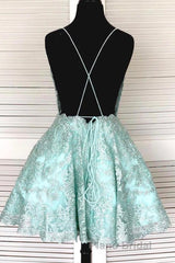 A-Line Spaghetti Straps Backless Mint Green Lace Short Formal Prom Dress, Backless Mint Green Lace Formal Graduation Homecoming Dress