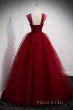 A Line Spaghetti Straps Beaded Burgundy Tulle Long Formal Prom Dresses, Long Burgundy Formal Evening Dresses
