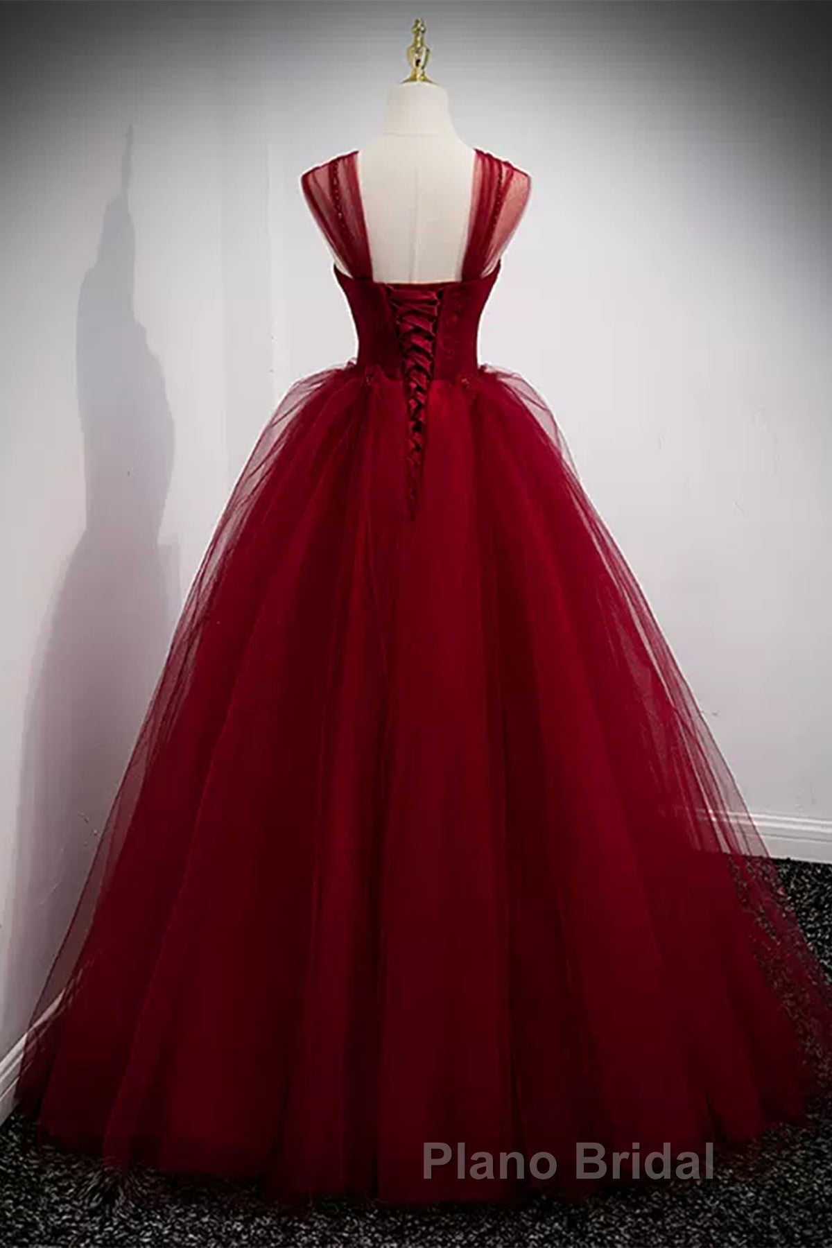 A Line Spaghetti Straps Beaded Burgundy Tulle Long Formal Prom Dresses, Long Burgundy Formal Evening Dresses