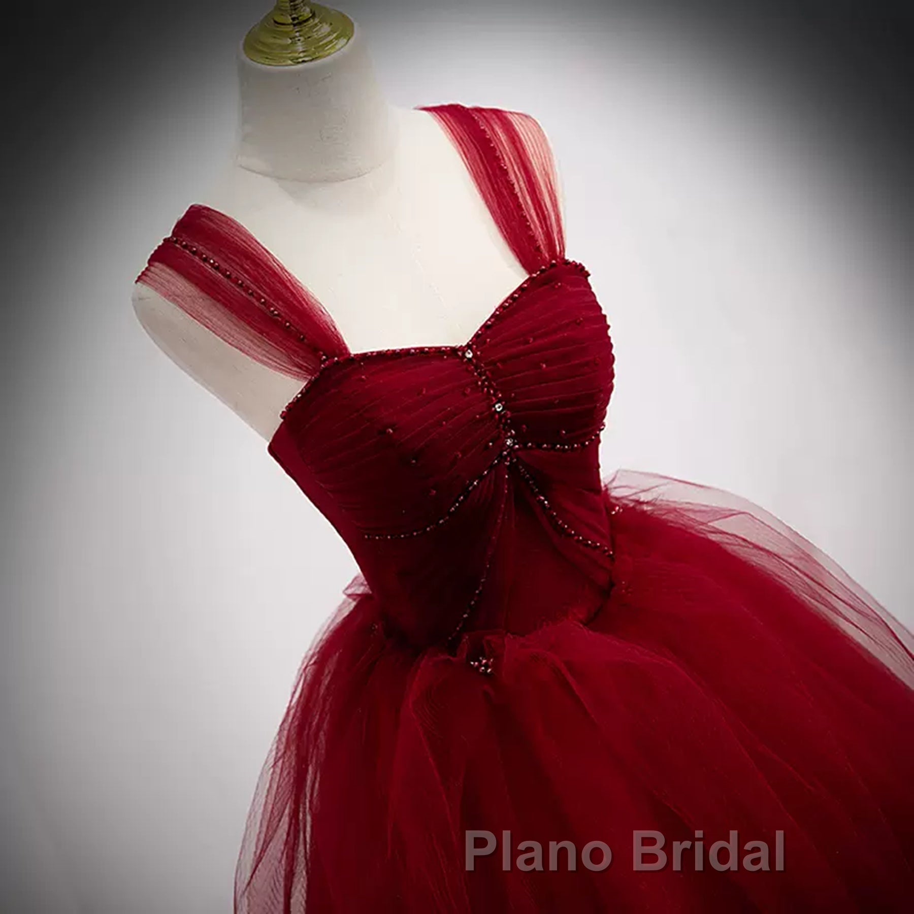 A Line Spaghetti Straps Beaded Burgundy Tulle Long Formal Prom Dresses, Long Burgundy Formal Evening Dresses