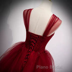 A Line Spaghetti Straps Beaded Burgundy Tulle Long Formal Prom Dresses, Long Burgundy Formal Evening Dresses