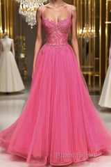 A Line Spaghetti Straps Beaded Pink Lace Long Formal Prom Dress, Pink Lace Formal Dress, Pink Tulle Evening Dress