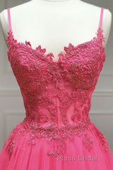 A Line Spaghetti Straps Beaded Pink Lace Long Formal Prom Dress, Pink Lace Formal Dress, Pink Tulle Evening Dress