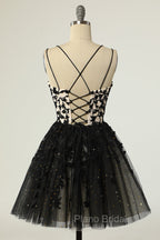A Line Spaghetti Straps Black Homecoming Dresses Short Formal Prom Dresses with Appliques