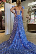 A Line Spaghetti Straps Blue Sequins Long Prom Dress with Feathers