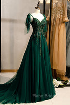 A-Line Spaghetti Straps Dark Green Formal Prom Dresses with Beading