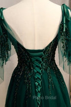A-Line Spaghetti Straps Dark Green Formal Prom Dresses with Beading