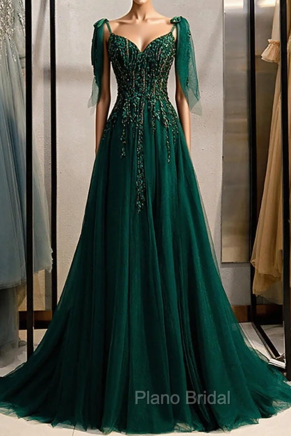A-Line Spaghetti Straps Dark Green Formal Prom Dresses with Beading Main image