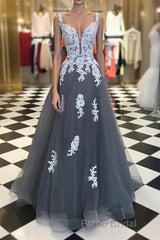 A Line Spaghetti Straps Lace Grey Tulle Long Formal Prom Dress, Grey Formal Bridesmaid Dress, Evening Dress