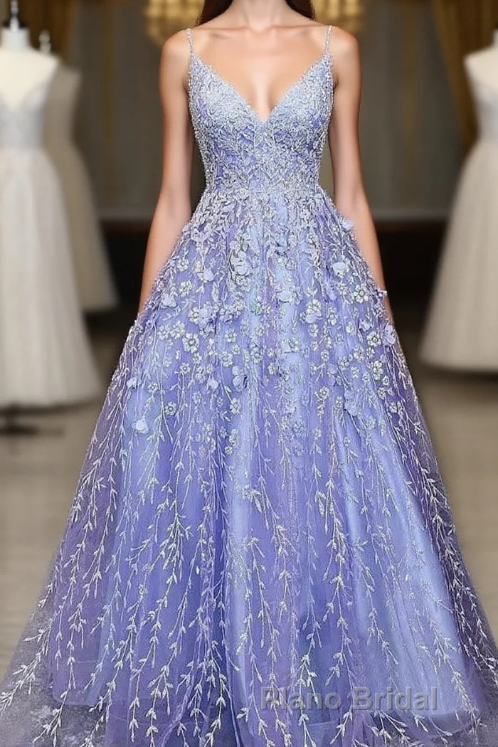 Lavender Spaghetti Straps Lace Floral A-line Formal Gowns Long Formal Prom Dresses