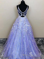 Lavender Spaghetti Straps Lace Floral A-line Formal Gowns Long Formal Prom Dresses