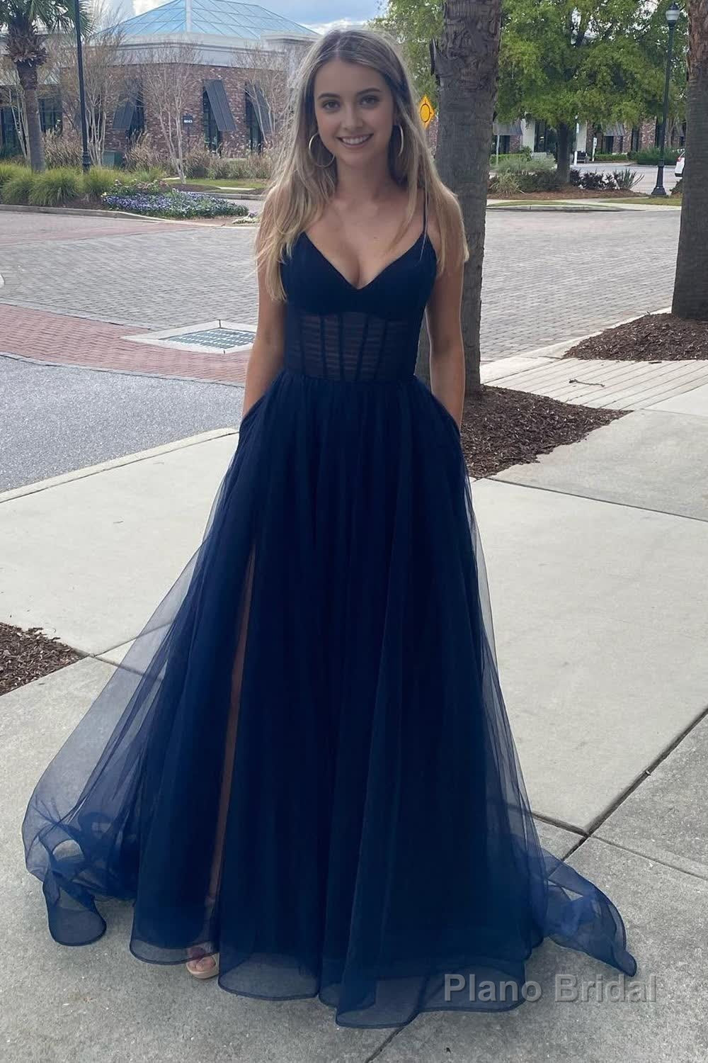 A Line Spaghetti Straps Navy Long Prom Dress Main image