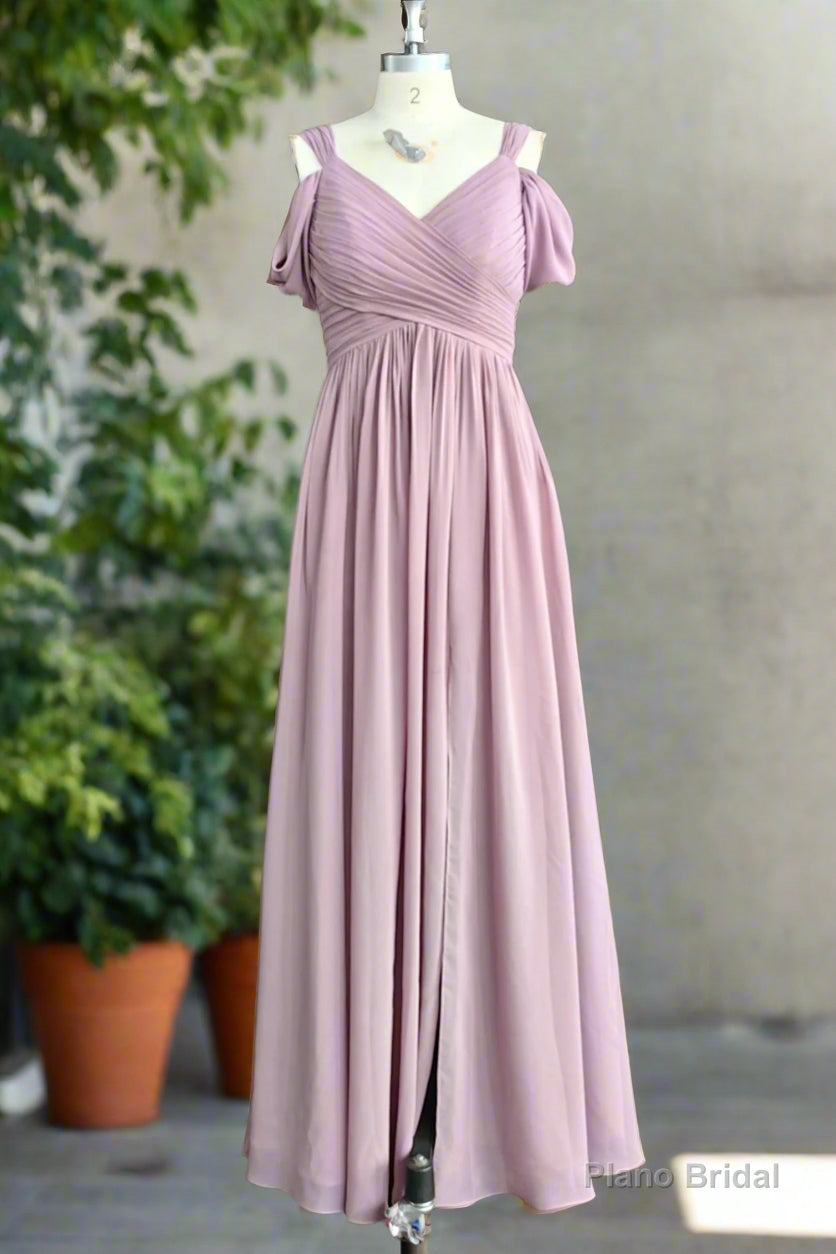 A Line Spaghetti Straps Pleated Chiffon Vintage Mauve Bridesmaid Dress with Slit Main image